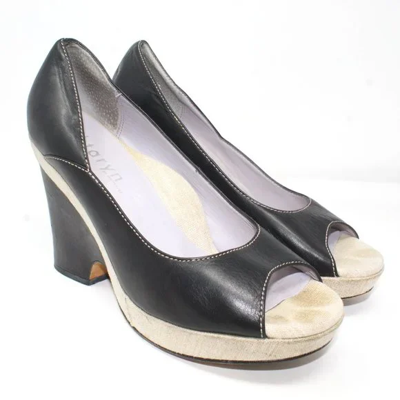 Taryn by Taryn Rose Size 9 Black Leather Linen Platform Wedge Peep Toe Heels - Picture 4 of 11